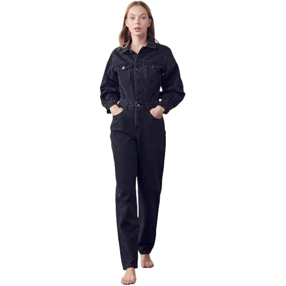 INSANE GENE Balloon Sleeve Denim Jumpsuit Large Button Front Long Sleeve - Picture 1 of 5